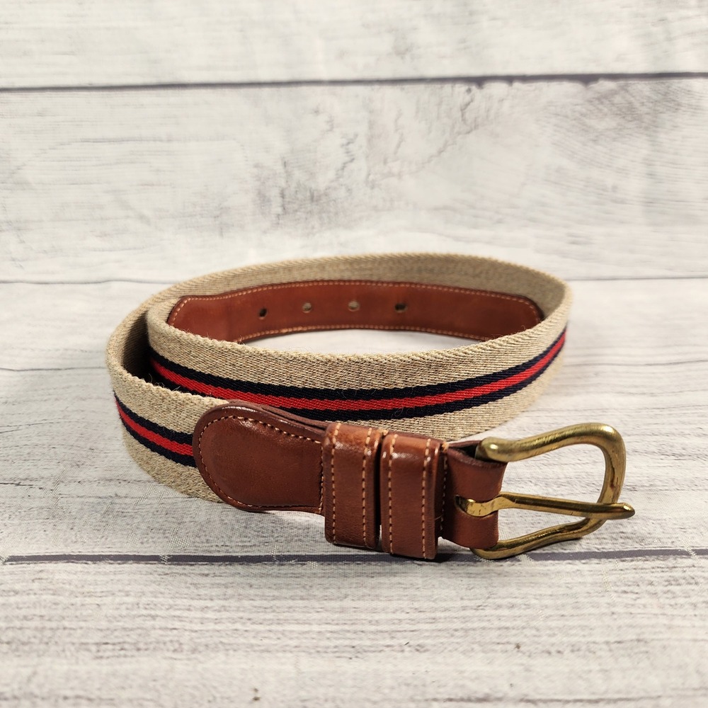 Coach 8904 Vintage Mens 30 Striped Wool Leather Belt Beige Navy Red Brass USA